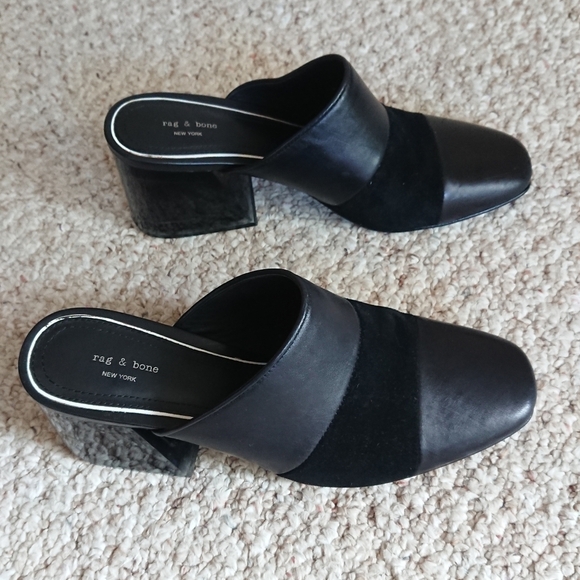 Rag & Bone Millie Suede & Leather Chunky Heel Mule In Black size 37 - Picture 1 of 15